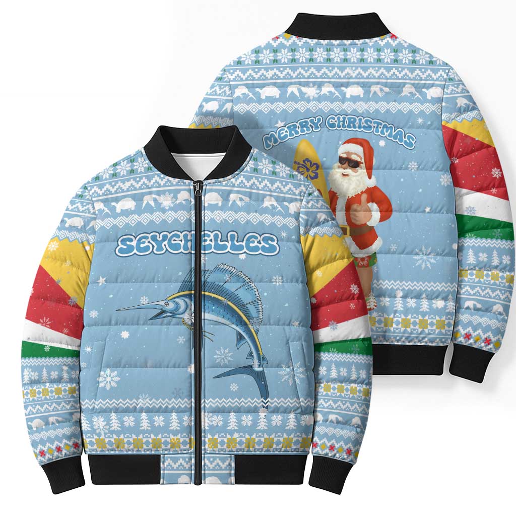 Seychelles Christmas Bomber Puffer Jacket with Ocean Blue Pattern, Marlin Fish Artwork, and Surfing Santa Motif - Wonder Print Shop