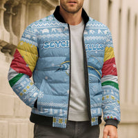 Seychelles Christmas Bomber Puffer Jacket with Ocean Blue Pattern, Marlin Fish Artwork, and Surfing Santa Motif - Wonder Print Shop