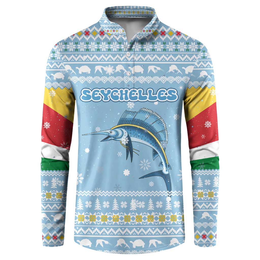 Seychelles Christmas Button Sweatshirt with Ocean Blue Pattern, Marlin Fish Artwork, and Surfing Santa Motif - Wonder Print Shop