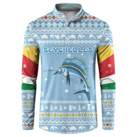 Seychelles Christmas Button Sweatshirt with Ocean Blue Pattern, Marlin Fish Artwork, and Surfing Santa Motif - Wonder Print Shop