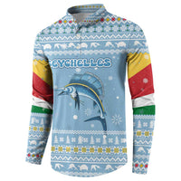 Seychelles Christmas Button Sweatshirt with Ocean Blue Pattern, Marlin Fish Artwork, and Surfing Santa Motif - Wonder Print Shop