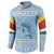 Seychelles Christmas Button Sweatshirt with Ocean Blue Pattern, Marlin Fish Artwork, and Surfing Santa Motif - Wonder Print Shop