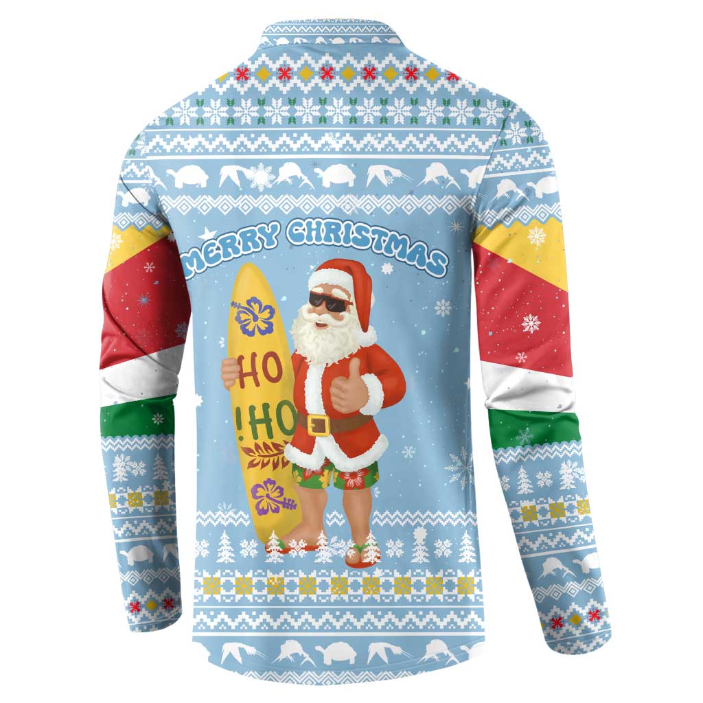 Seychelles Christmas Button Sweatshirt with Ocean Blue Pattern, Marlin Fish Artwork, and Surfing Santa Motif - Wonder Print Shop