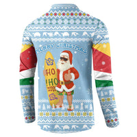 Seychelles Christmas Button Sweatshirt with Ocean Blue Pattern, Marlin Fish Artwork, and Surfing Santa Motif - Wonder Print Shop
