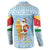 Seychelles Christmas Button Sweatshirt with Ocean Blue Pattern, Marlin Fish Artwork, and Surfing Santa Motif - Wonder Print Shop