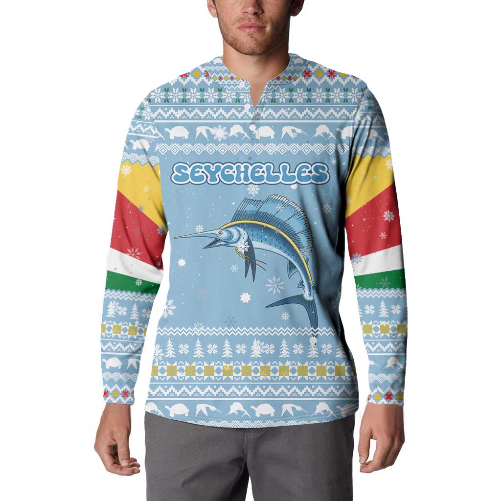 Seychelles Christmas Button Sweatshirt with Ocean Blue Pattern, Marlin Fish Artwork, and Surfing Santa Motif - Wonder Print Shop