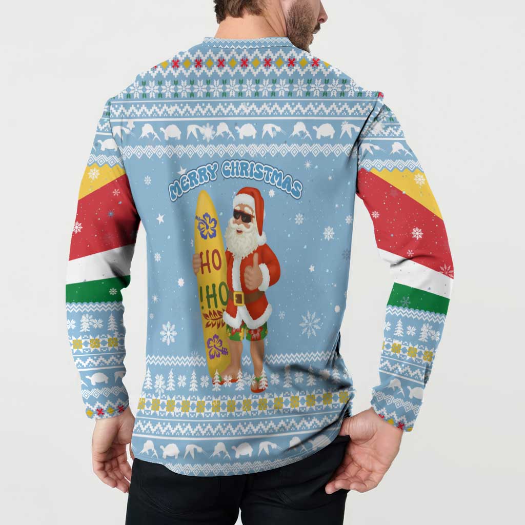 Seychelles Christmas Button Sweatshirt with Ocean Blue Pattern, Marlin Fish Artwork, and Surfing Santa Motif - Wonder Print Shop