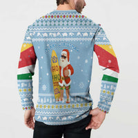 Seychelles Christmas Button Sweatshirt with Ocean Blue Pattern, Marlin Fish Artwork, and Surfing Santa Motif - Wonder Print Shop