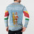 Seychelles Christmas Button Sweatshirt with Ocean Blue Pattern, Marlin Fish Artwork, and Surfing Santa Motif - Wonder Print Shop