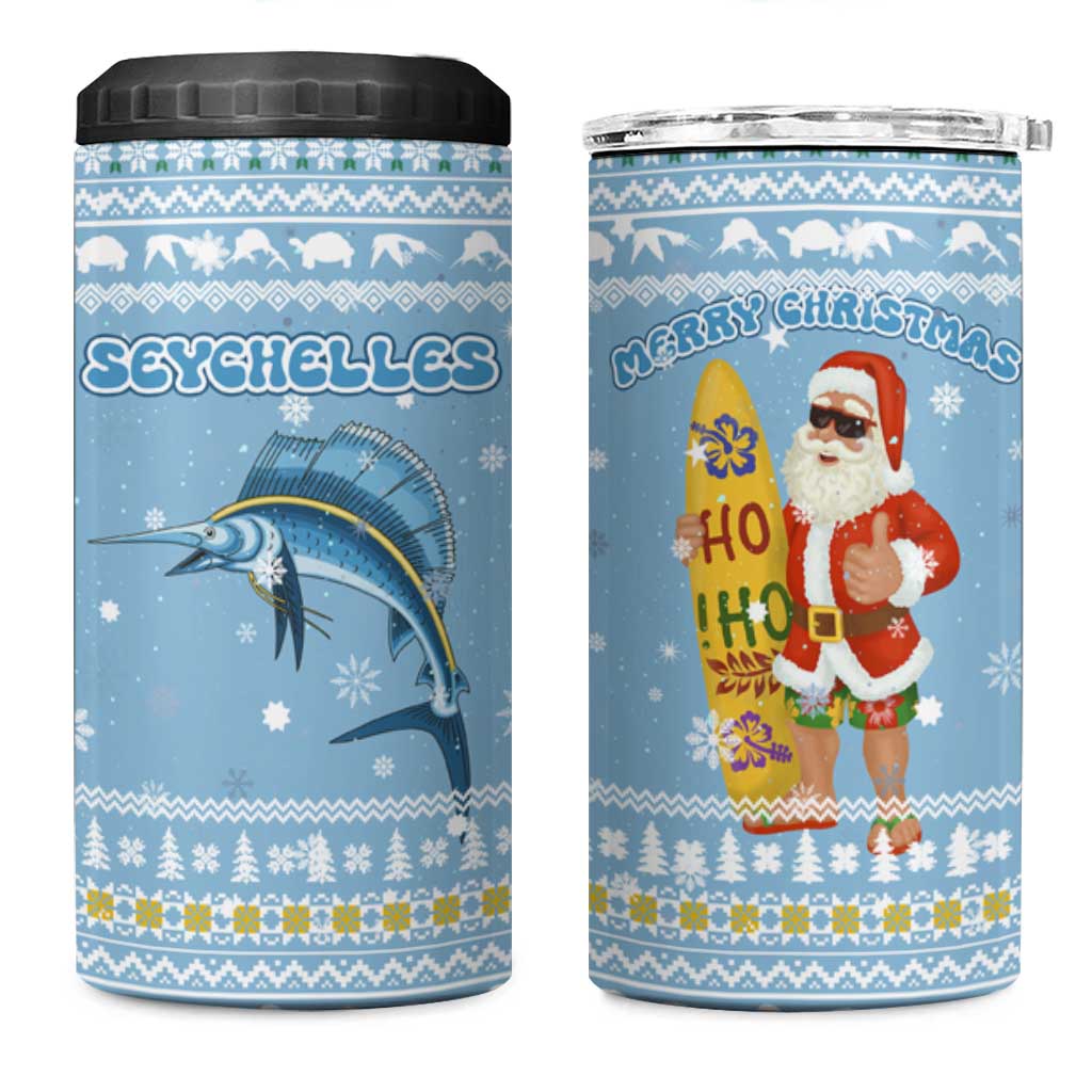 Seychelles Christmas 4 in 1 Can Cooler Tumbler with Ocean Blue Pattern, Marlin Fish Artwork, and Surfing Santa Motif - Wonder Print Shop