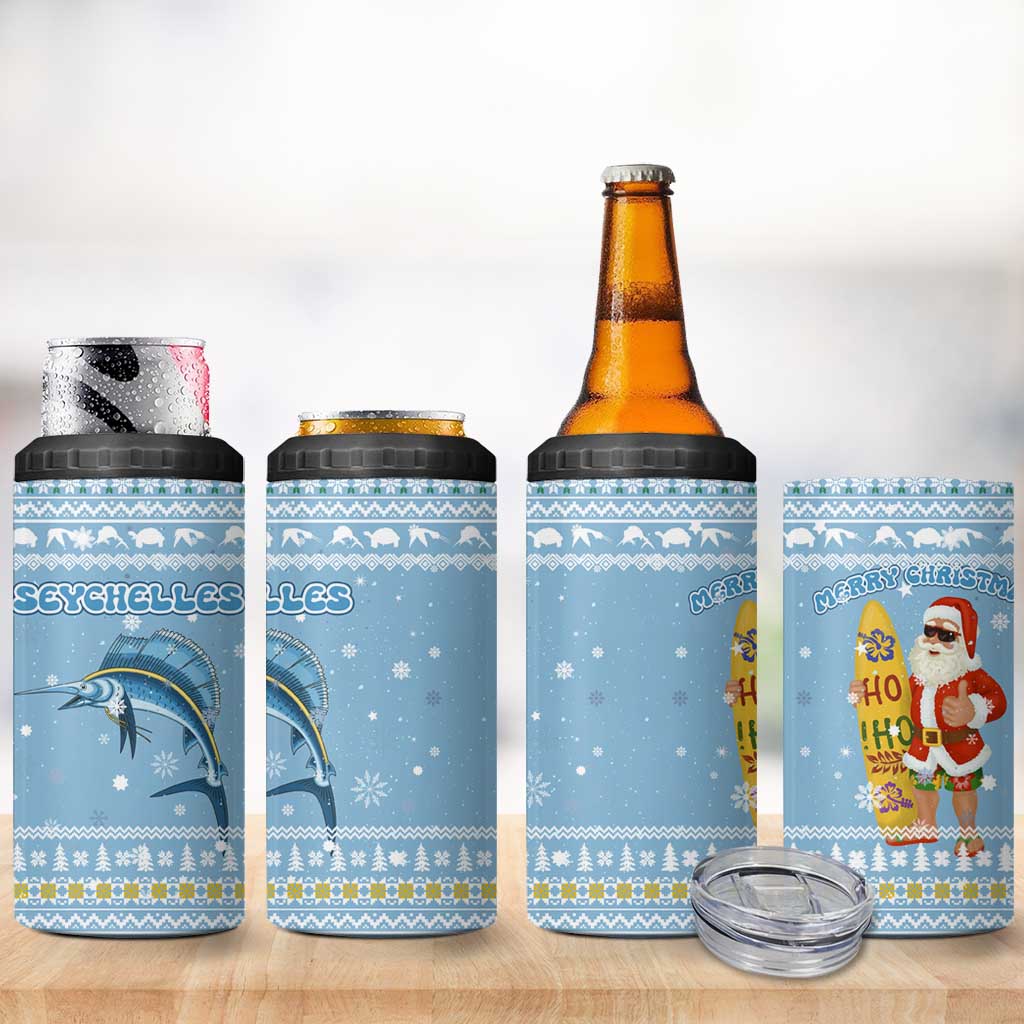 Seychelles Christmas 4 in 1 Can Cooler Tumbler with Ocean Blue Pattern, Marlin Fish Artwork, and Surfing Santa Motif - Wonder Print Shop