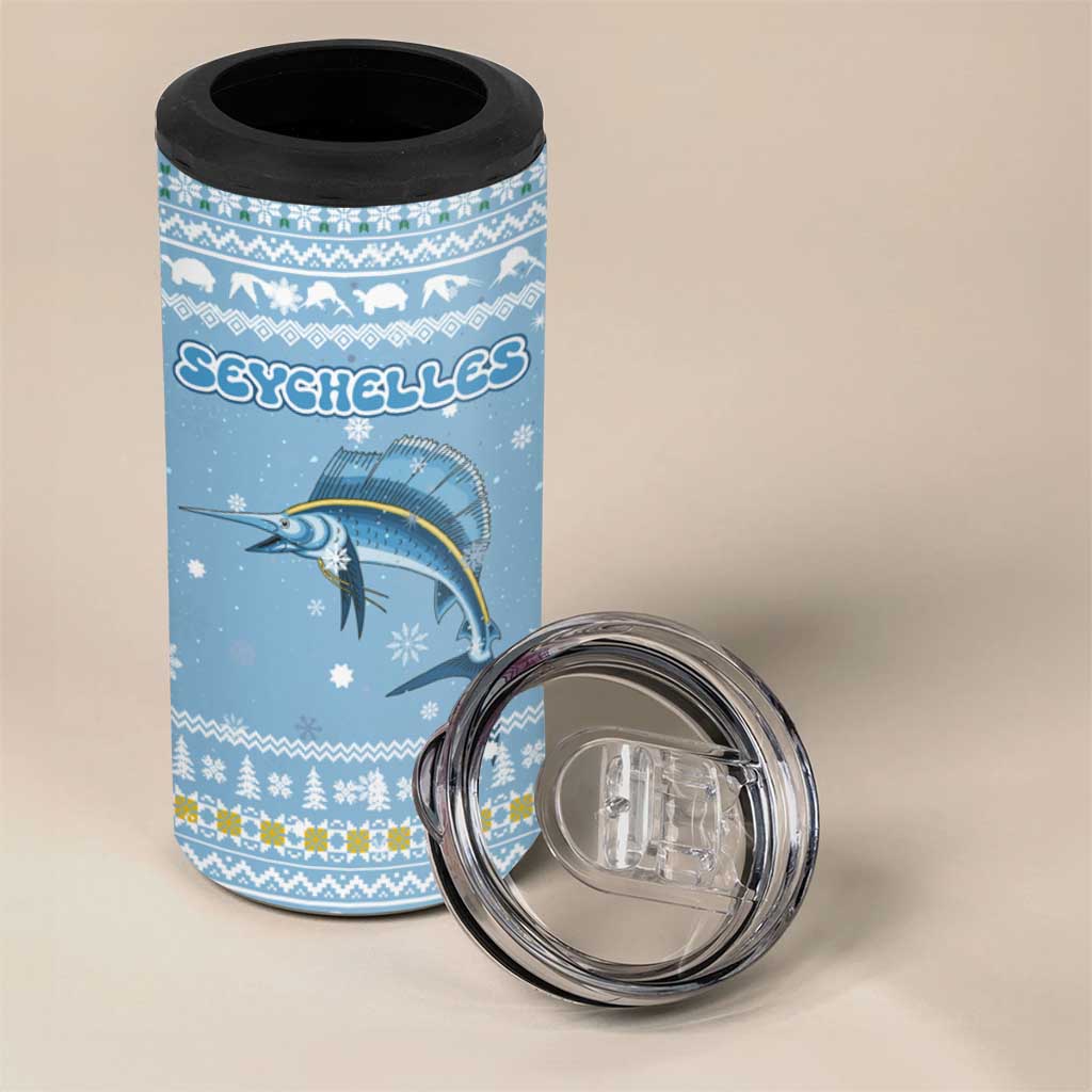Seychelles Christmas 4 in 1 Can Cooler Tumbler with Ocean Blue Pattern, Marlin Fish Artwork, and Surfing Santa Motif - Wonder Print Shop