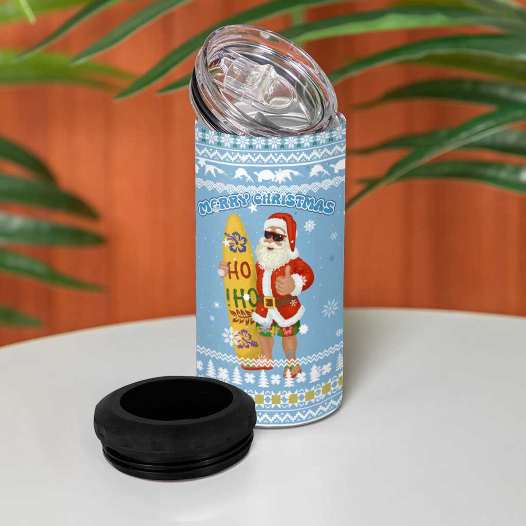 Seychelles Christmas 4 in 1 Can Cooler Tumbler with Ocean Blue Pattern, Marlin Fish Artwork, and Surfing Santa Motif - Wonder Print Shop