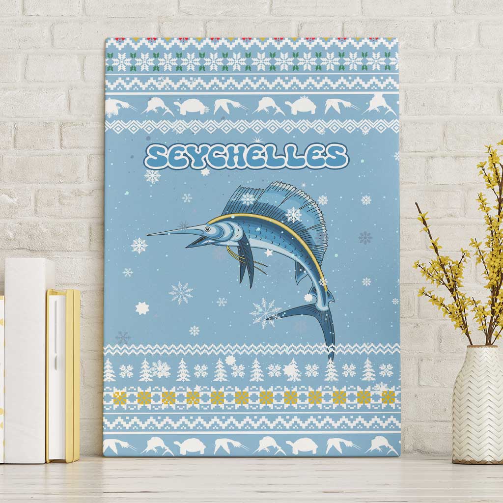 Seychelles Christmas Canvas Wall Art with Ocean Blue Pattern, Marlin Fish Artwork, and Surfing Santa Motif - Wonder Print Shop