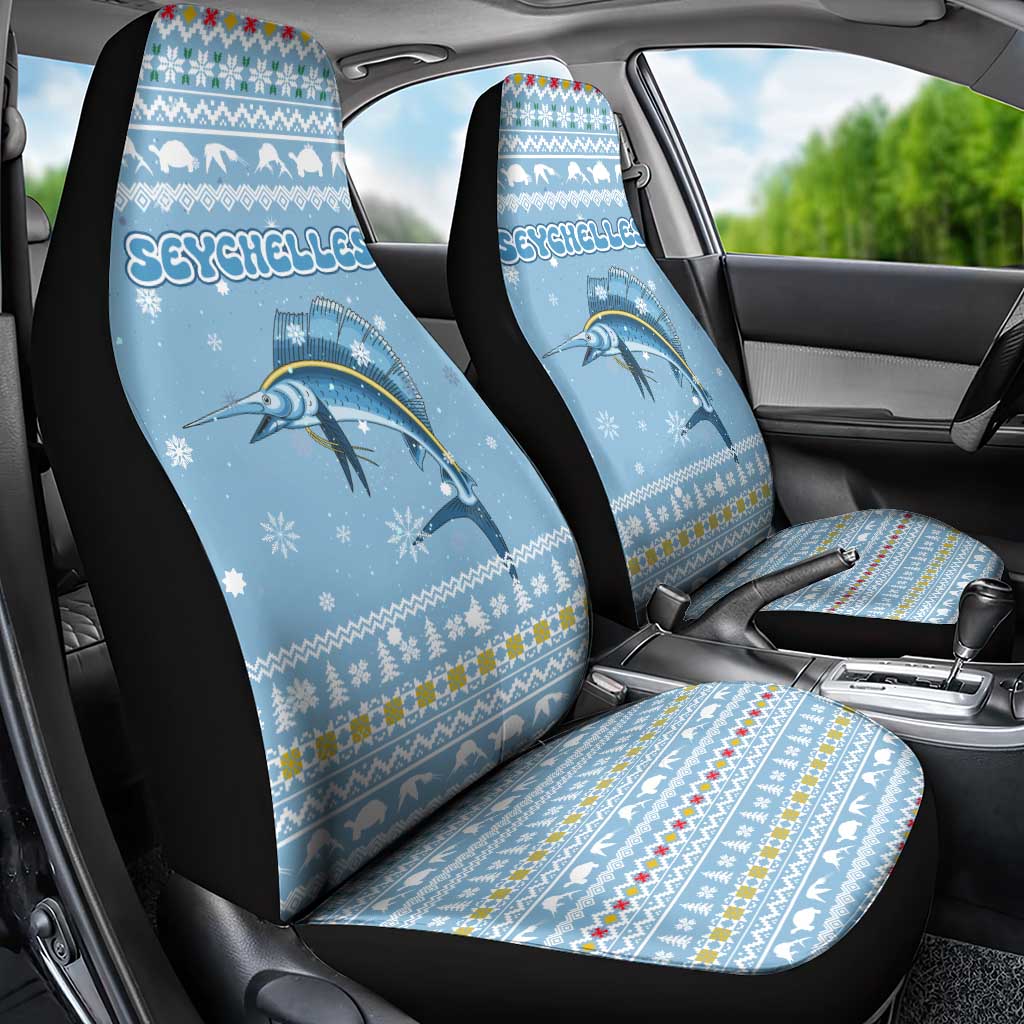 Seychelles Christmas Car Seat Cover with Ocean Blue Pattern, Marlin Fish Artwork, and Surfing Santa Motif - Wonder Print Shop