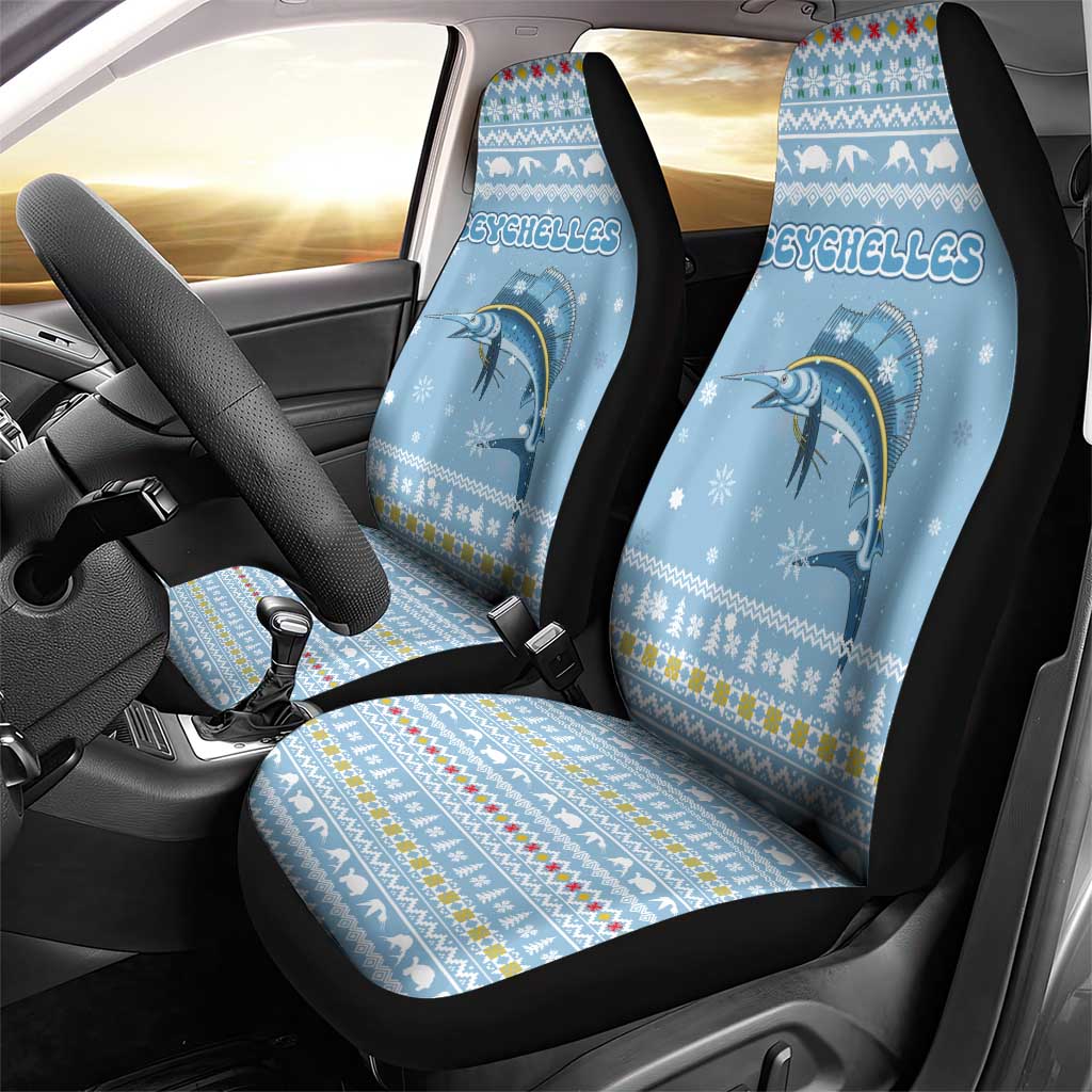 Seychelles Christmas Car Seat Cover with Ocean Blue Pattern, Marlin Fish Artwork, and Surfing Santa Motif - Wonder Print Shop