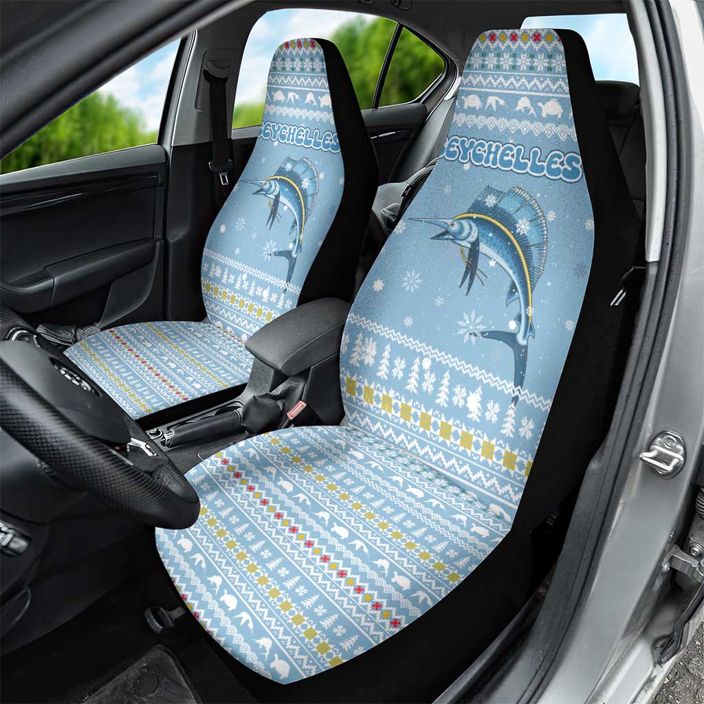 Seychelles Christmas Car Seat Cover with Ocean Blue Pattern, Marlin Fish Artwork, and Surfing Santa Motif - Wonder Print Shop