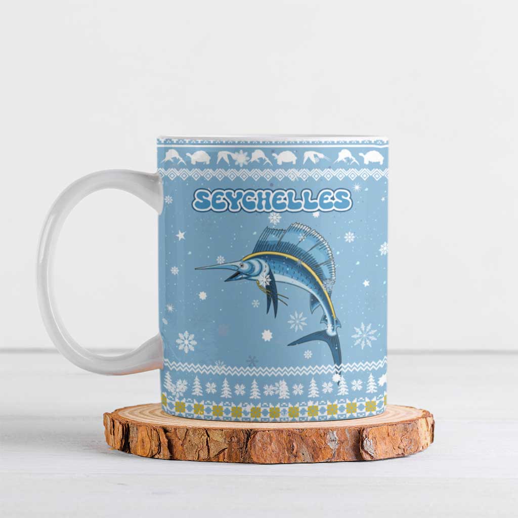 Seychelles Christmas Ceramic Mug with Ocean Blue Pattern, Marlin Fish Artwork, and Surfing Santa Motif - Wonder Print Shop
