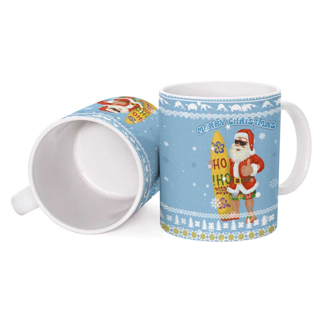 Seychelles Christmas Ceramic Mug with Ocean Blue Pattern, Marlin Fish Artwork, and Surfing Santa Motif - Wonder Print Shop