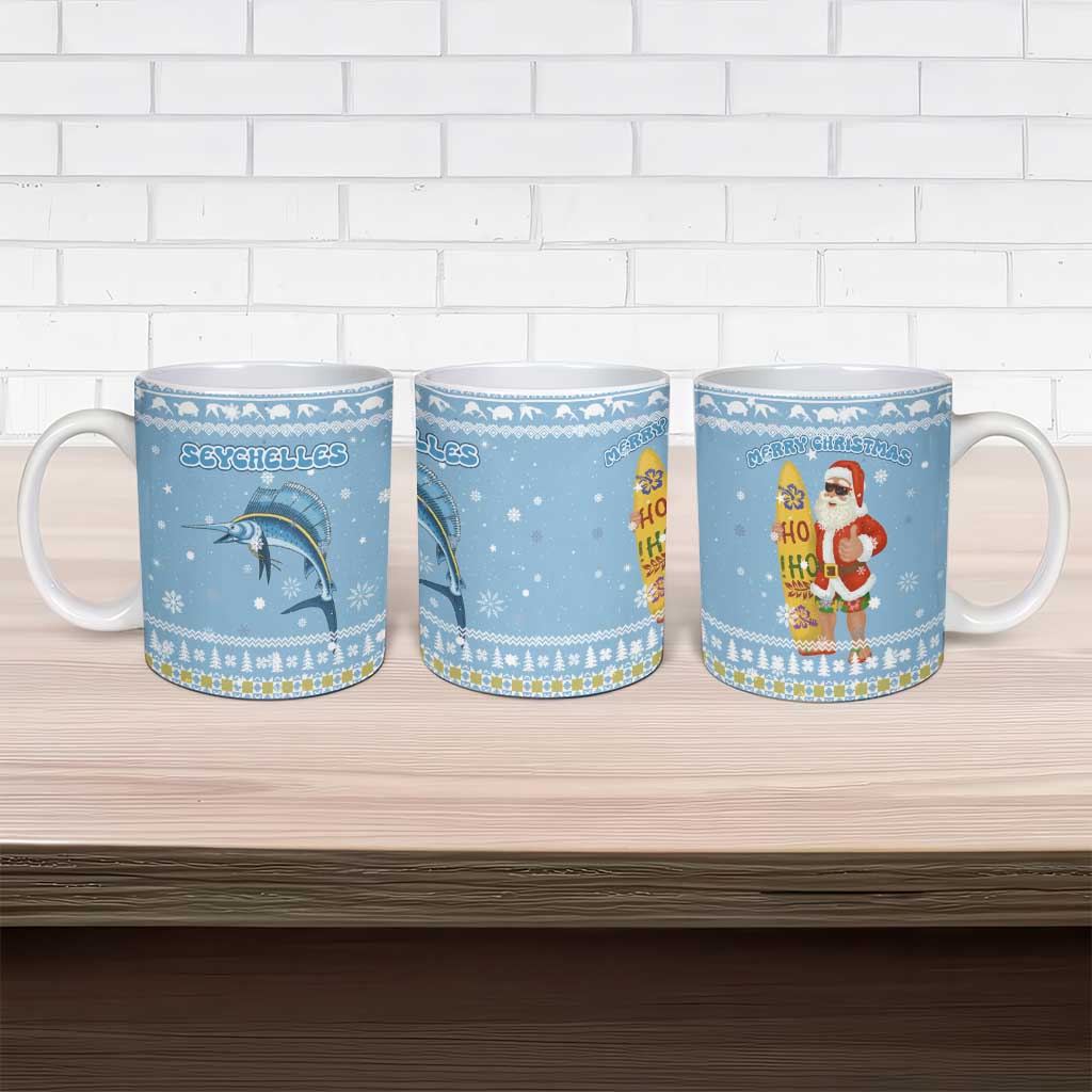 Seychelles Christmas Ceramic Mug with Ocean Blue Pattern, Marlin Fish Artwork, and Surfing Santa Motif - Wonder Print Shop