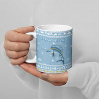 Seychelles Christmas Ceramic Mug with Ocean Blue Pattern, Marlin Fish Artwork, and Surfing Santa Motif - Wonder Print Shop