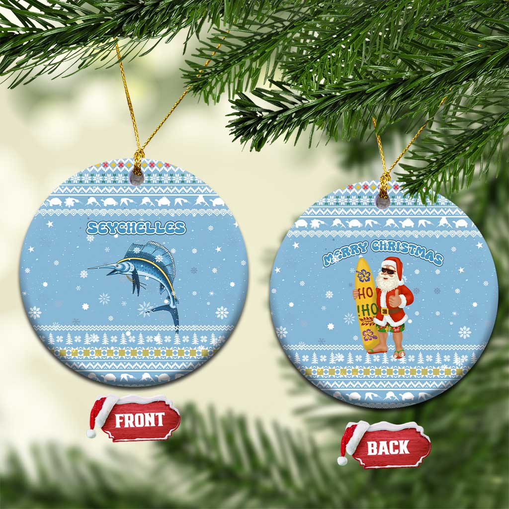 Seychelles Christmas Ceramic Ornament with Ocean Blue Pattern, Marlin Fish Artwork, and Surfing Santa Motif - Wonder Print Shop