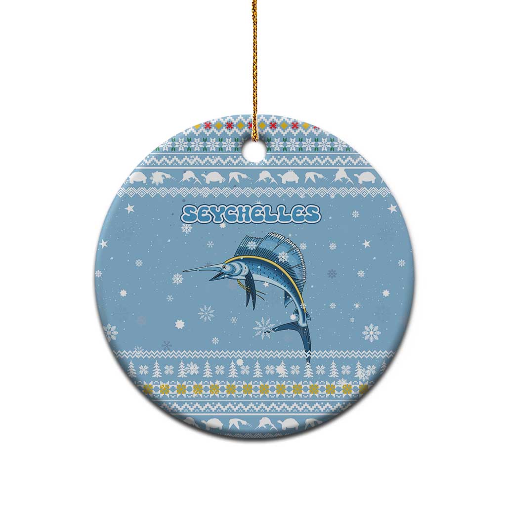Seychelles Christmas Ceramic Ornament with Ocean Blue Pattern, Marlin Fish Artwork, and Surfing Santa Motif - Wonder Print Shop