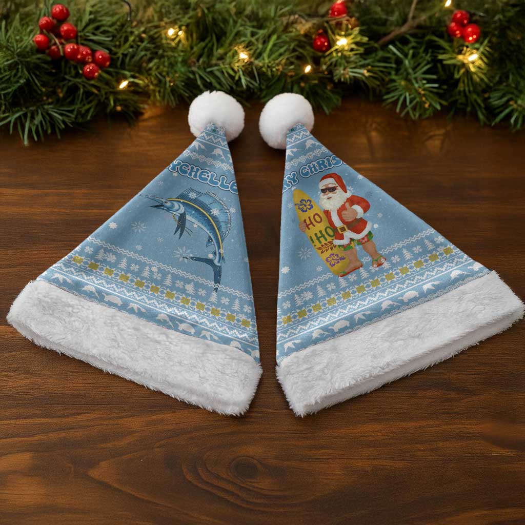 Seychelles Christmas Santa Hat with Ocean Blue Pattern, Marlin Fish Artwork, and Surfing Santa Motif - Wonder Print Shop