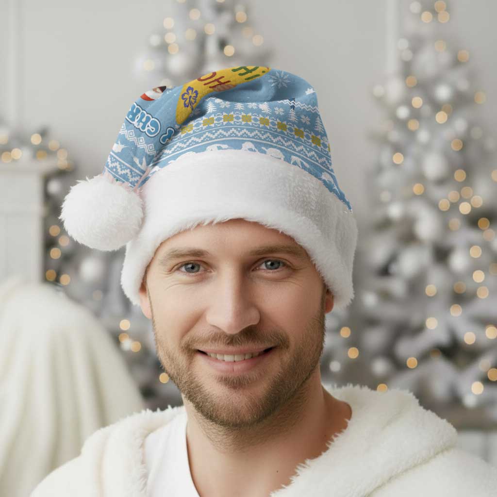 Seychelles Christmas Santa Hat with Ocean Blue Pattern, Marlin Fish Artwork, and Surfing Santa Motif - Wonder Print Shop