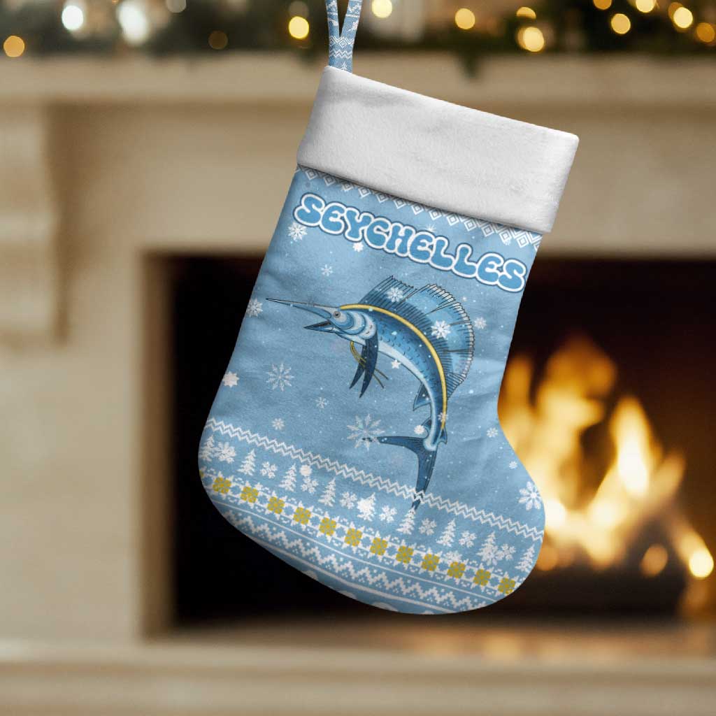 Seychelles Christmas Stocking with Ocean Blue Pattern, Marlin Fish Artwork, and Surfing Santa Motif - Wonder Print Shop
