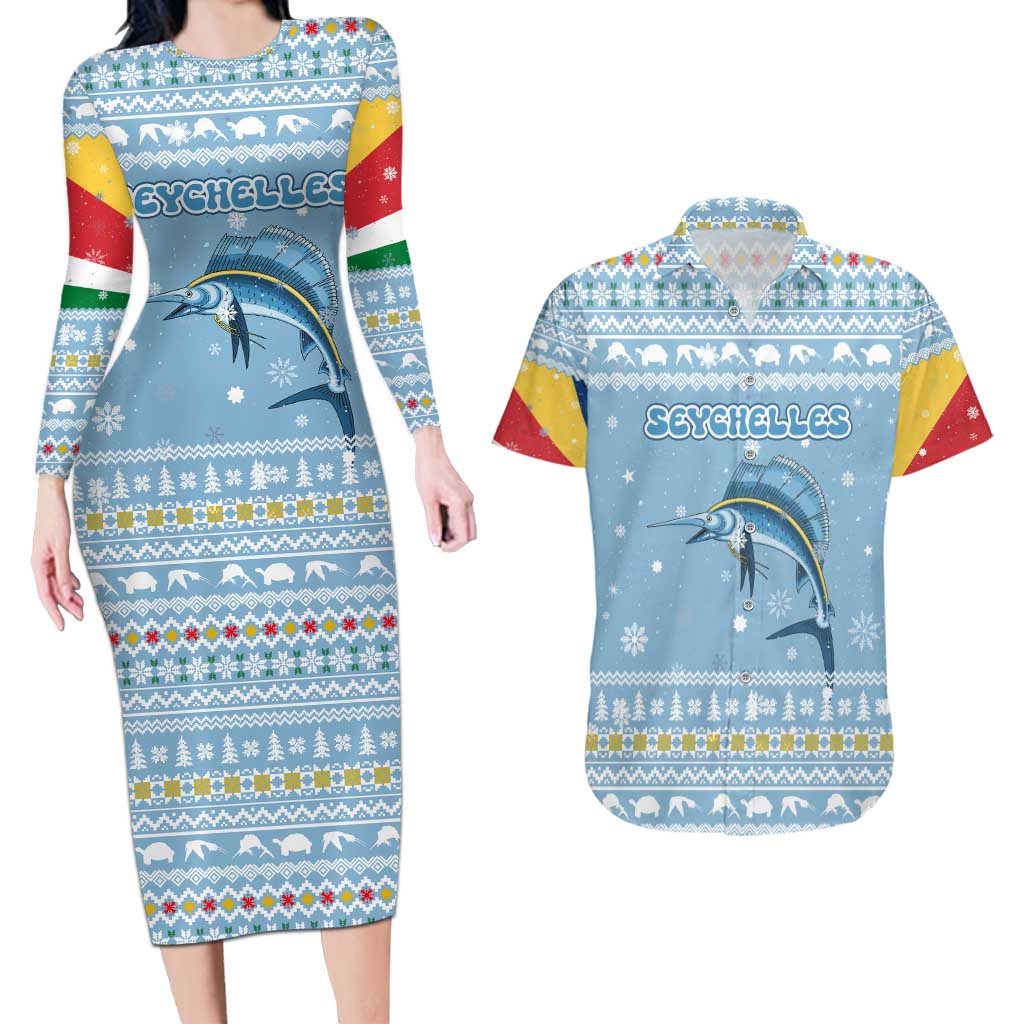 Seychelles Christmas Couples Matching Long Sleeve Bodycon Dress and Hawaiian Shirt with Ocean Blue Pattern, Marlin Fish Artwork, and Surfing Santa Motif - Wonder Print Shop