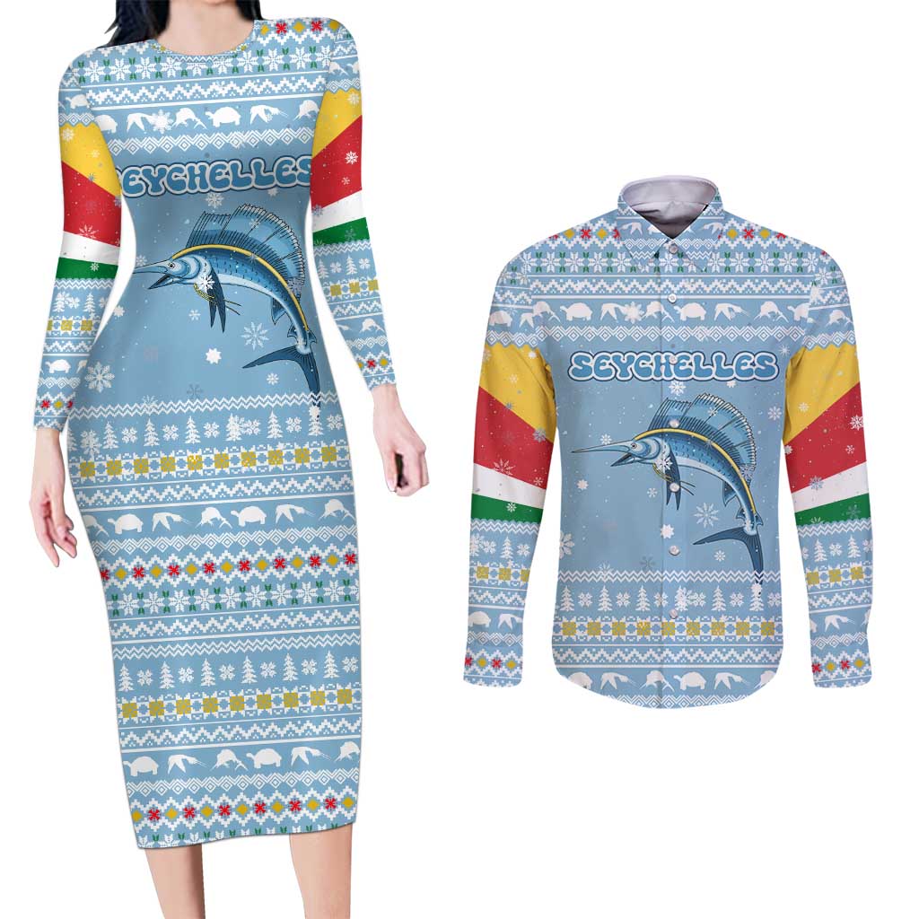 Seychelles Christmas Couples Matching Long Sleeve Bodycon Dress and Long Sleeve Button Shirt with Ocean Blue Pattern, Marlin Fish Artwork, and Surfing Santa Motif - Wonder Print Shop