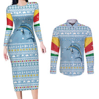 Seychelles Christmas Couples Matching Long Sleeve Bodycon Dress and Long Sleeve Button Shirt with Ocean Blue Pattern, Marlin Fish Artwork, and Surfing Santa Motif - Wonder Print Shop