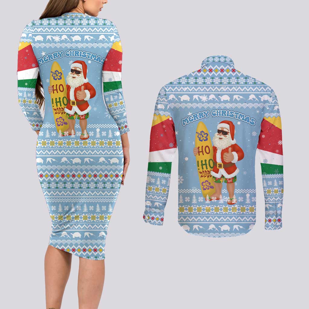 Seychelles Christmas Couples Matching Long Sleeve Bodycon Dress and Long Sleeve Button Shirt with Ocean Blue Pattern, Marlin Fish Artwork, and Surfing Santa Motif - Wonder Print Shop
