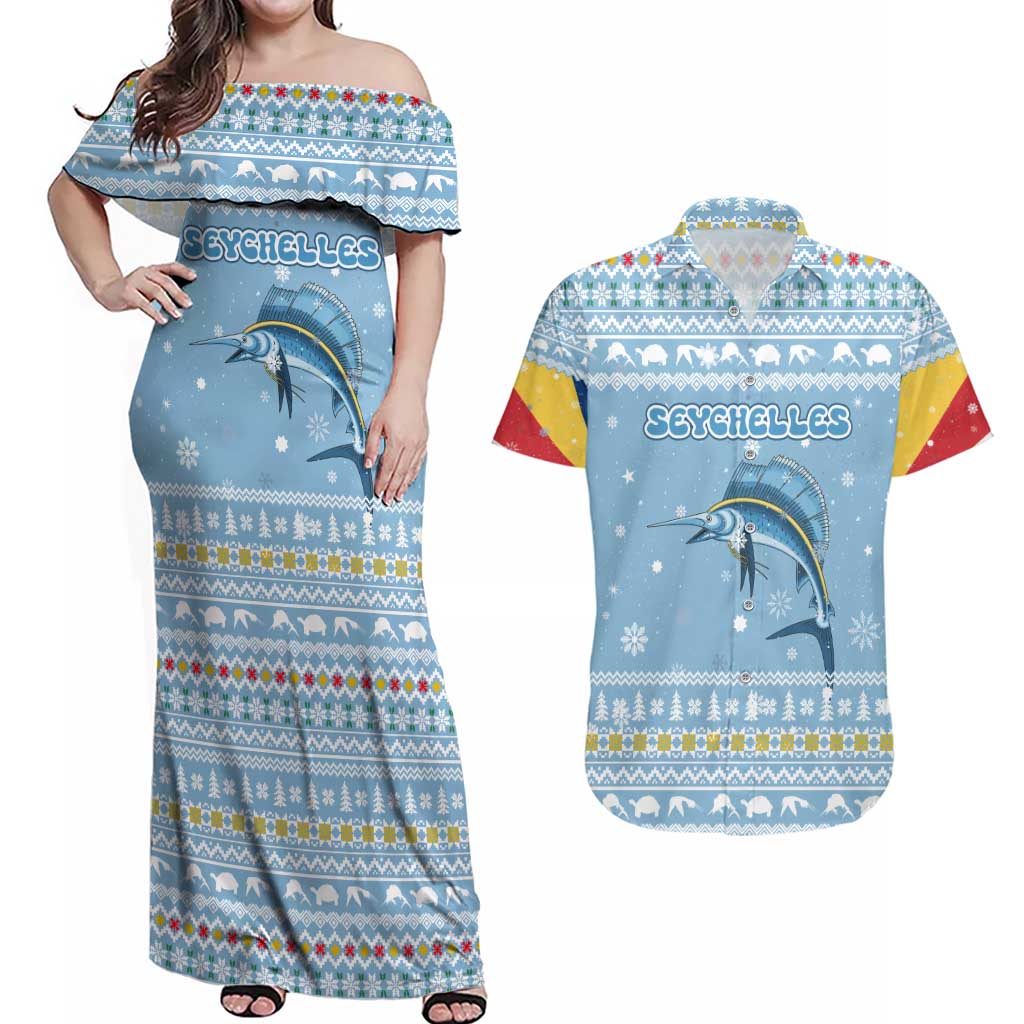 Seychelles Christmas Couples Matching Off Shoulder Maxi Dress and Hawaiian Shirt with Ocean Blue Pattern, Marlin Fish Artwork, and Surfing Santa Motif - Wonder Print Shop