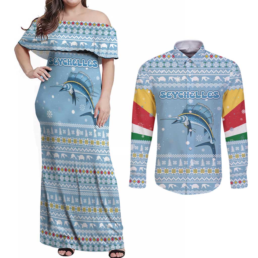 Seychelles Christmas Couples Matching Off Shoulder Maxi Dress and Long Sleeve Button Shirt with Ocean Blue Pattern, Marlin Fish Artwork, and Surfing Santa Motif - Wonder Print Shop