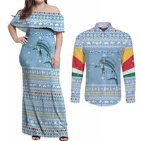Seychelles Christmas Couples Matching Off Shoulder Maxi Dress and Long Sleeve Button Shirt with Ocean Blue Pattern, Marlin Fish Artwork, and Surfing Santa Motif - Wonder Print Shop