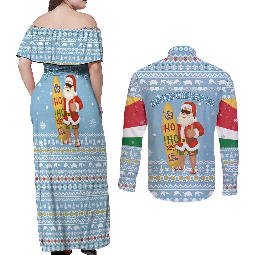 Seychelles Christmas Couples Matching Off Shoulder Maxi Dress and Long Sleeve Button Shirt with Ocean Blue Pattern, Marlin Fish Artwork, and Surfing Santa Motif - Wonder Print Shop