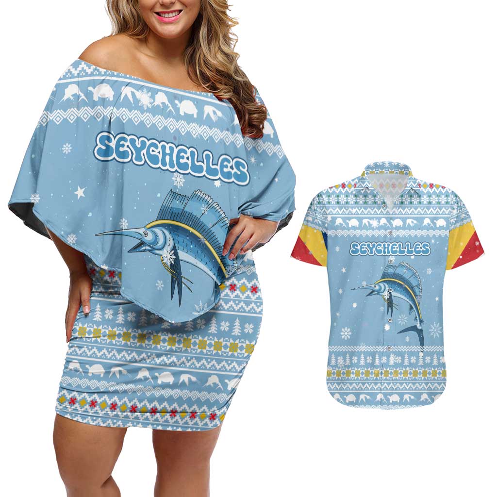 Seychelles Christmas Couples Matching Off Shoulder Short Dress and Hawaiian Shirt with Ocean Blue Pattern, Marlin Fish Artwork, and Surfing Santa Motif - Wonder Print Shop