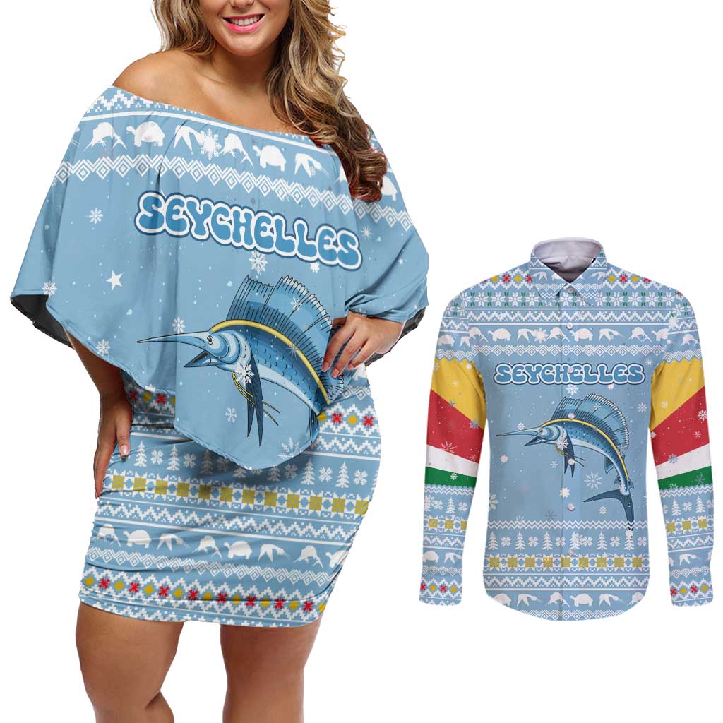 Seychelles Christmas Couples Matching Off Shoulder Short Dress and Long Sleeve Button Shirt with Ocean Blue Pattern, Marlin Fish Artwork, and Surfing Santa Motif - Wonder Print Shop
