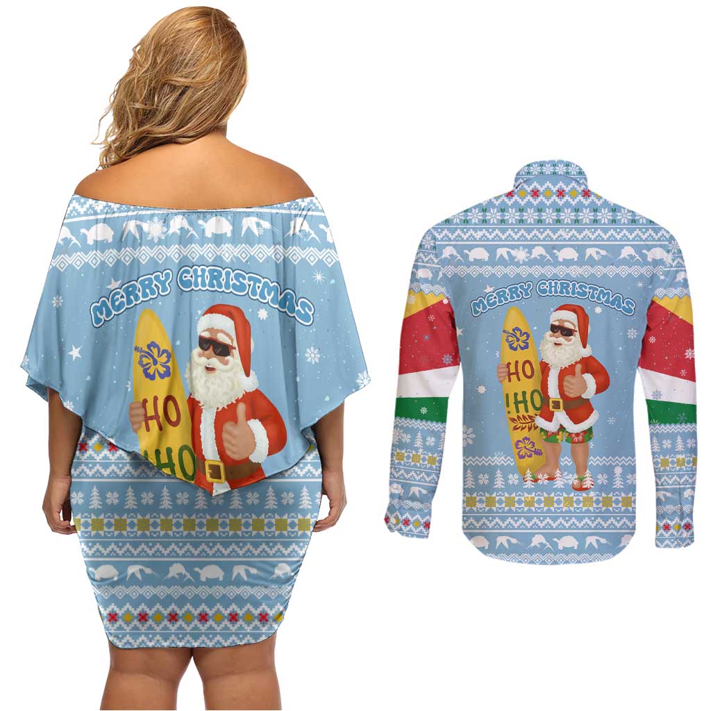 Seychelles Christmas Couples Matching Off Shoulder Short Dress and Long Sleeve Button Shirt with Ocean Blue Pattern, Marlin Fish Artwork, and Surfing Santa Motif - Wonder Print Shop