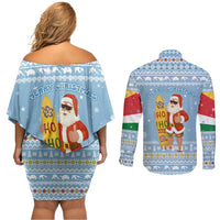 Seychelles Christmas Couples Matching Off Shoulder Short Dress and Long Sleeve Button Shirt with Ocean Blue Pattern, Marlin Fish Artwork, and Surfing Santa Motif - Wonder Print Shop