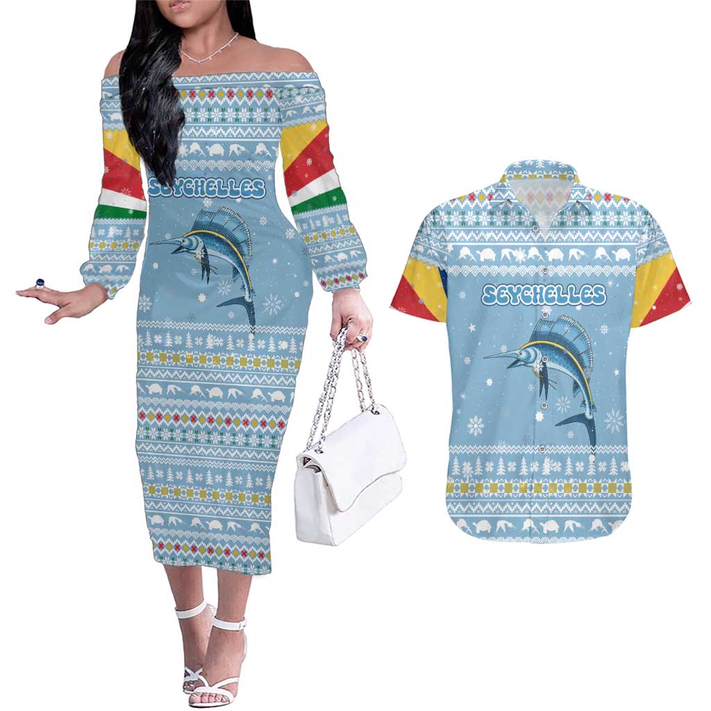 Seychelles Christmas Couples Matching Off The Shoulder Long Sleeve Dress and Hawaiian Shirt with Ocean Blue Pattern, Marlin Fish Artwork, and Surfing Santa Motif - Wonder Print Shop