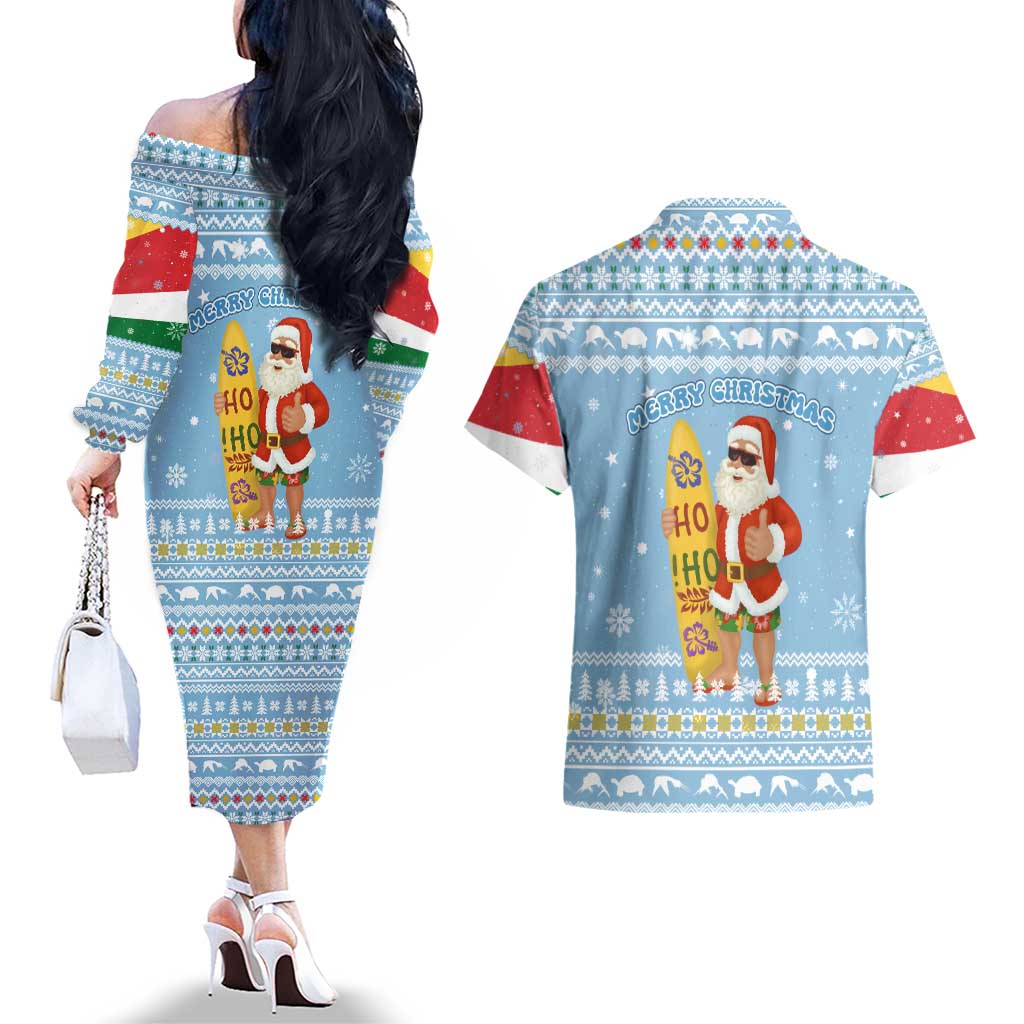 Seychelles Christmas Couples Matching Off The Shoulder Long Sleeve Dress and Hawaiian Shirt with Ocean Blue Pattern, Marlin Fish Artwork, and Surfing Santa Motif - Wonder Print Shop