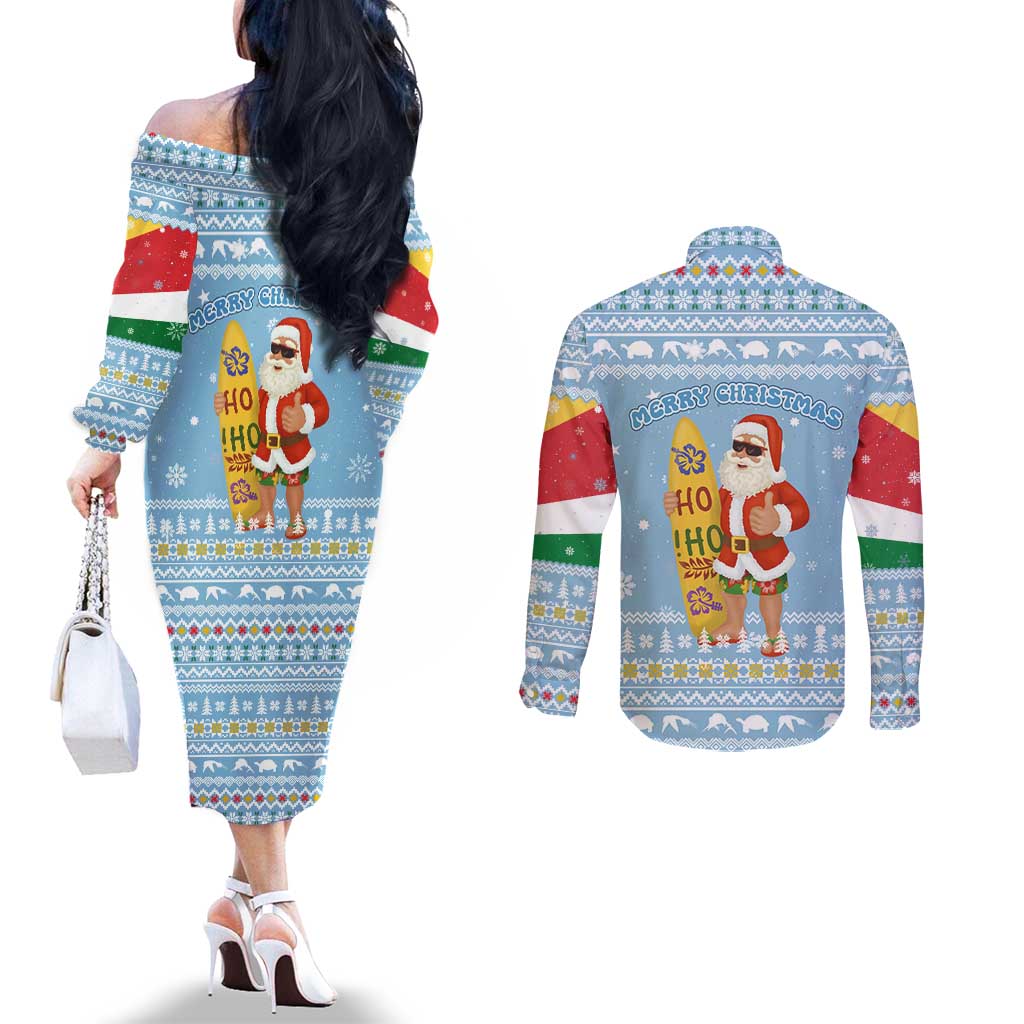 Seychelles Christmas Couples Matching Off The Shoulder Long Sleeve Dress and Long Sleeve Button Shirt with Ocean Blue Pattern, Marlin Fish Artwork, and Surfing Santa Motif - Wonder Print Shop