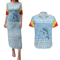 Seychelles Christmas Couples Matching Puletasi and Hawaiian Shirt with Ocean Blue Pattern, Marlin Fish Artwork, and Surfing Santa Motif - Wonder Print Shop