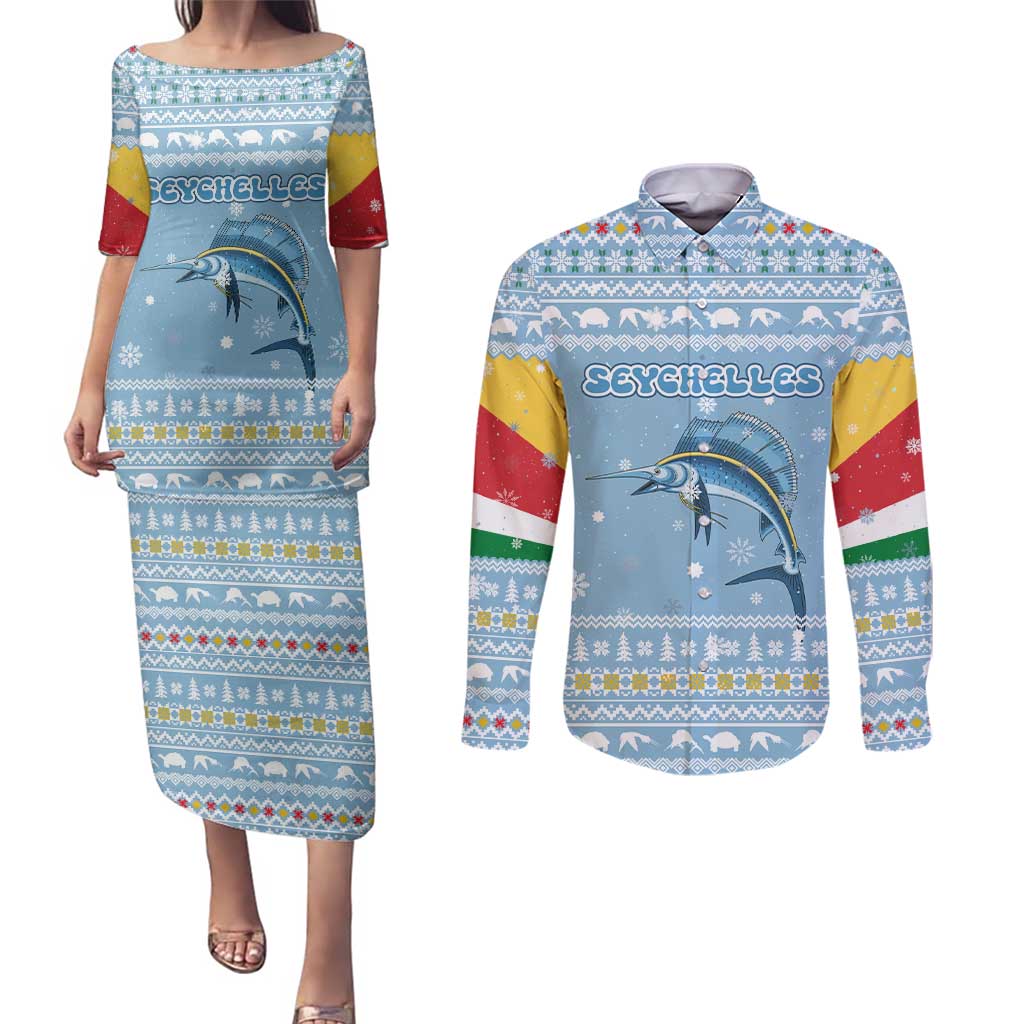 Seychelles Christmas Couples Matching Puletasi and Long Sleeve Button Shirt with Ocean Blue Pattern, Marlin Fish Artwork, and Surfing Santa Motif - Wonder Print Shop