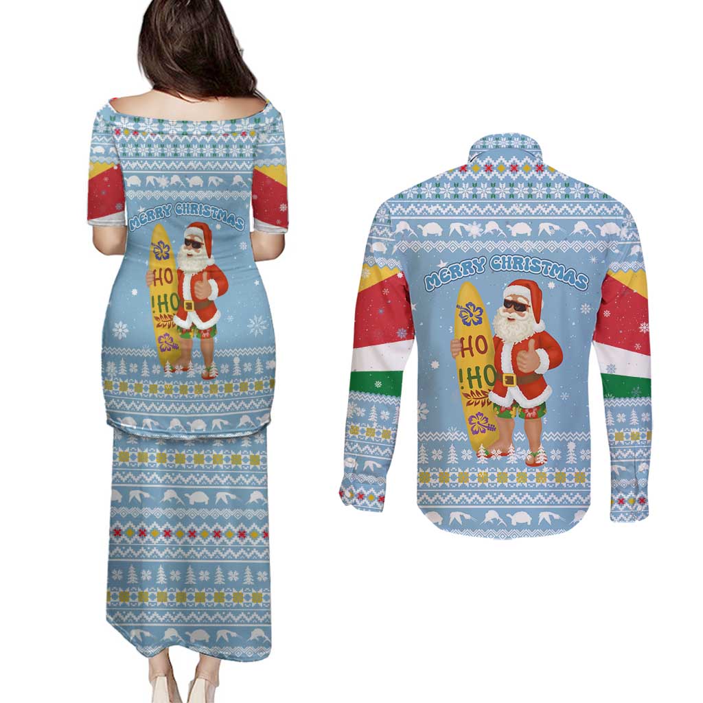 Seychelles Christmas Couples Matching Puletasi and Long Sleeve Button Shirt with Ocean Blue Pattern, Marlin Fish Artwork, and Surfing Santa Motif - Wonder Print Shop