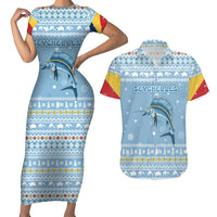 Seychelles Christmas Couples Matching Short Sleeve Bodycon Dress and Hawaiian Shirt with Ocean Blue Pattern, Marlin Fish Artwork, and Surfing Santa Motif - Wonder Print Shop