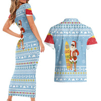 Seychelles Christmas Couples Matching Short Sleeve Bodycon Dress and Hawaiian Shirt with Ocean Blue Pattern, Marlin Fish Artwork, and Surfing Santa Motif - Wonder Print Shop